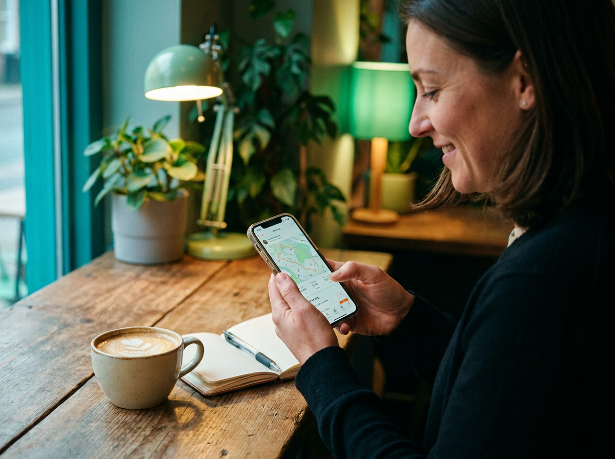 Reviewing the app at a cafe